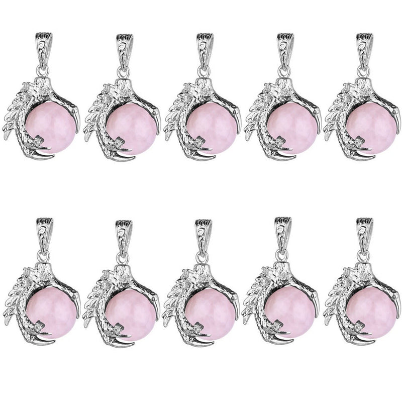 Set of 10 rose quartz dragon claw pendants with pink heart-shaped stone in silver tone