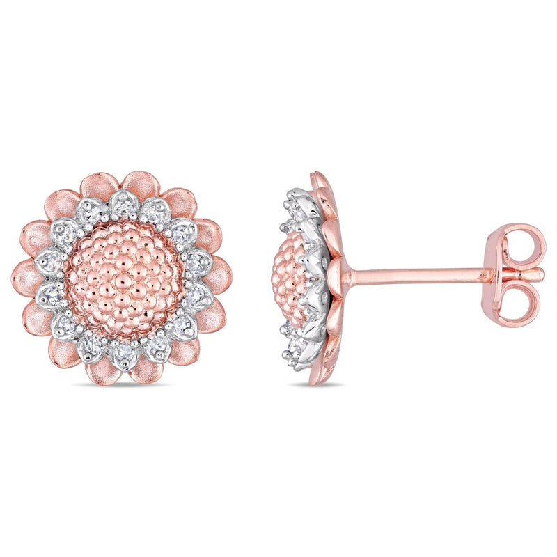 Sunflower stud earrings with round-cut stones, two-tone rose and white gold setting