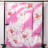 Japanese KIMONO Furisode PURE SILK  ANTIQUE Peony flower Pattern Pink Very Good Peony