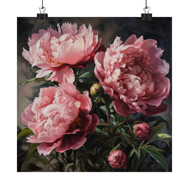 Pink peonies flower art print with soft pink and burgundy blossoms
