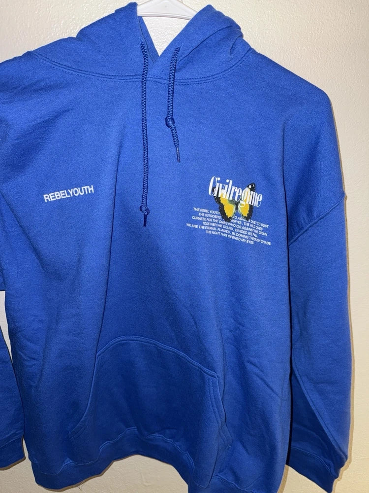 Blue pullover hoodie with drawstring hood, kangaroo pocket, and sunflower chest print
