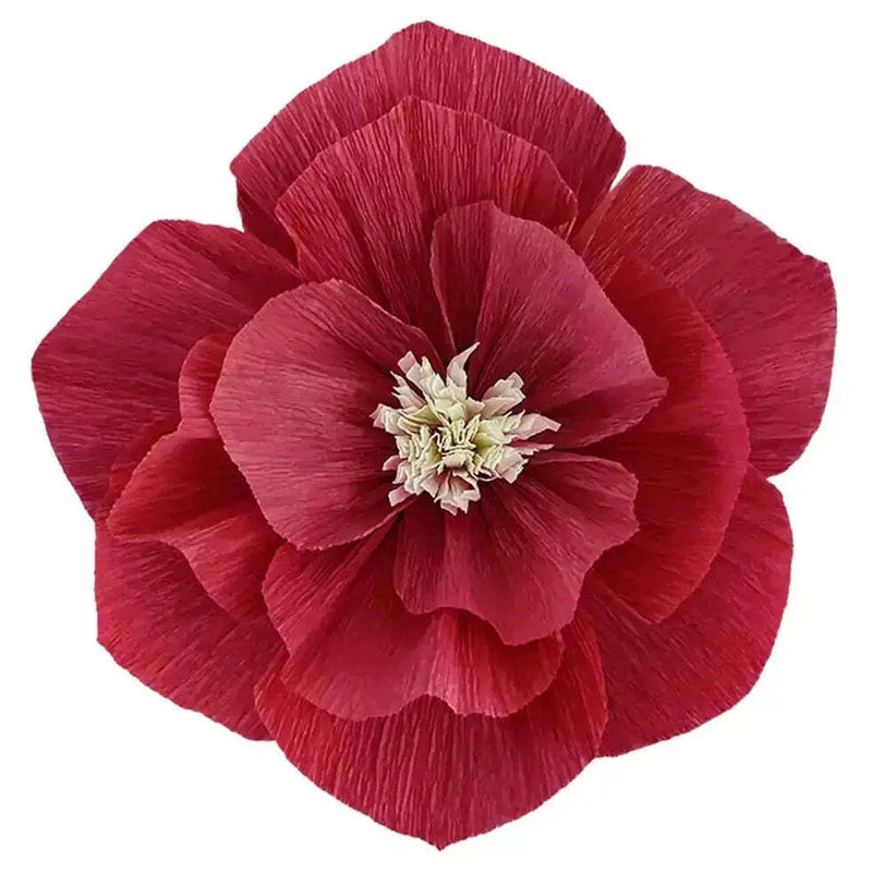 Burgundy crepe paper peony flower with layered petals and cream center