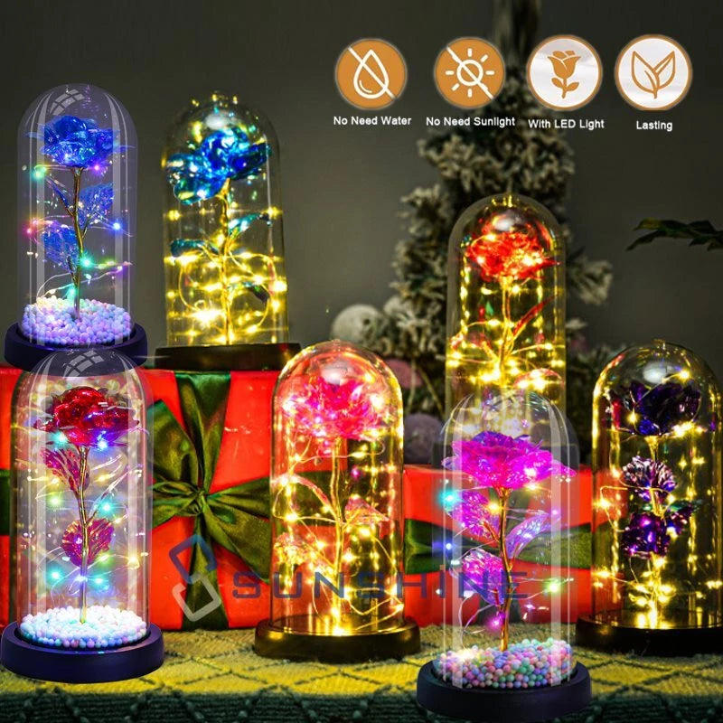 Eternal LED rose under a clear glass dome, glowing multicolor lights inside
