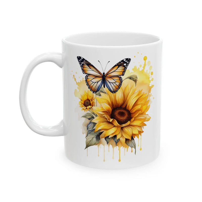 White ceramic coffee mug with butterfly and sunflower floral design on front