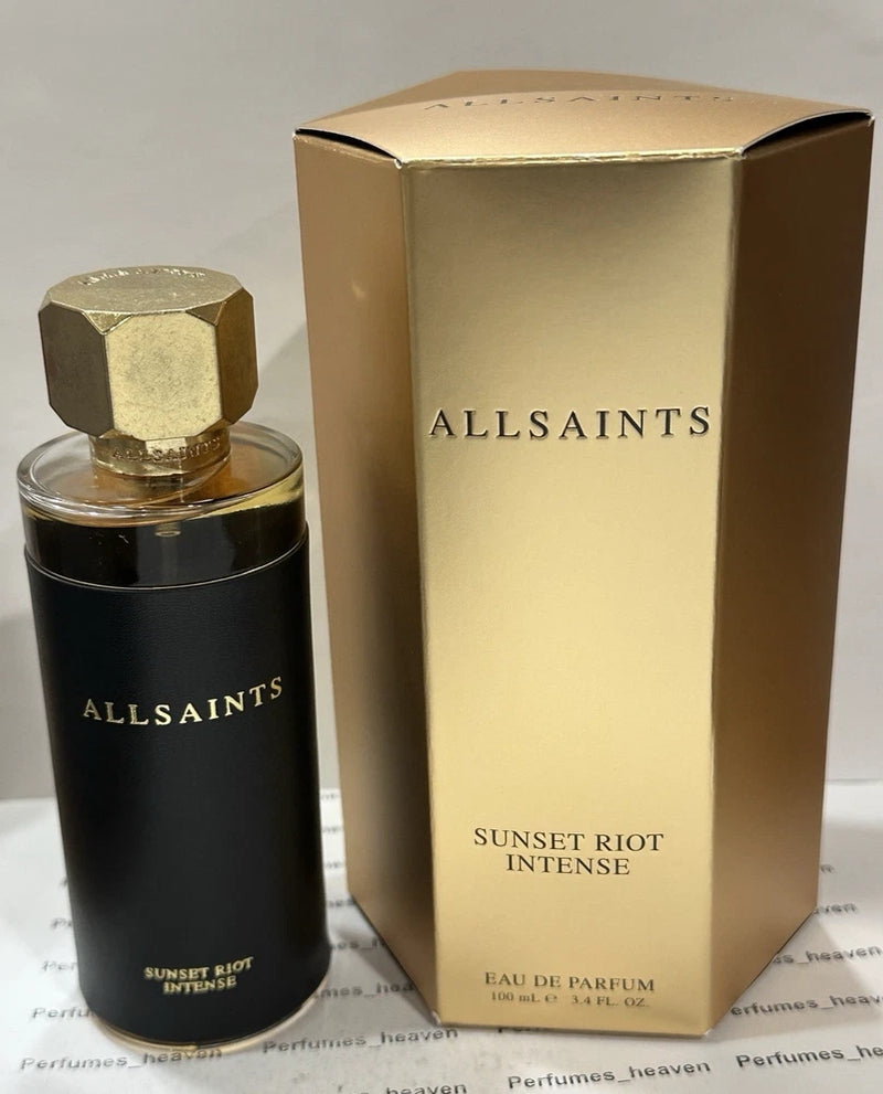 Allsaints Sunset Riot Intense women's eau de parfum with black bottle and gold cap