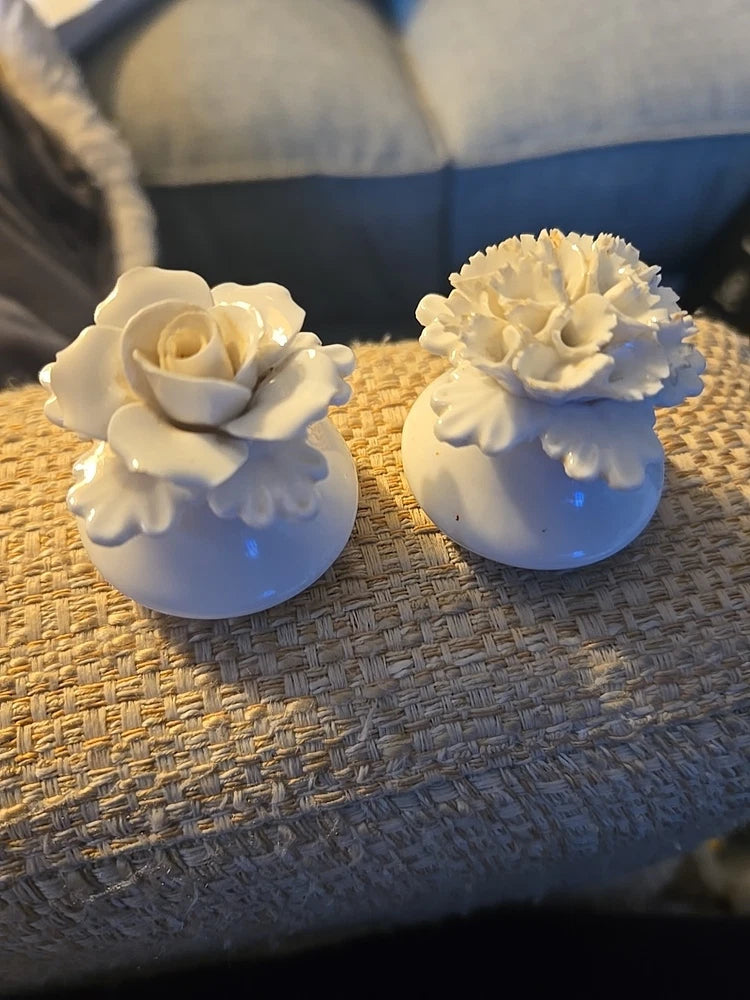 Vtg DENTON England Bone China Rose Carnation Salt Pepper Shaker WHITE Carnation