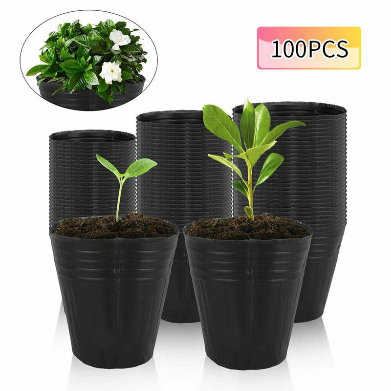 Set of black plastic nursery plant pots with soil and green seedlings, 100 pack