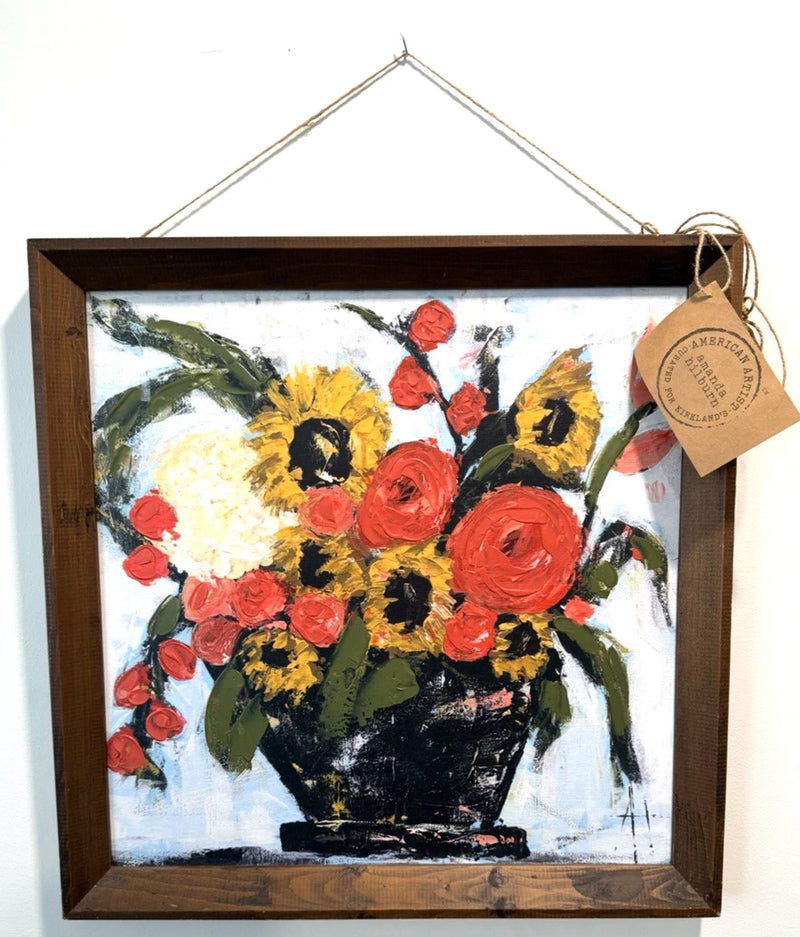 Signed Amanda Hilburn Floral Acrylic Painting Sunflowers Red Roses Ranunculus