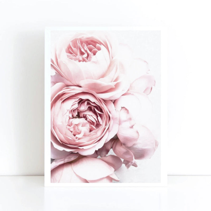 Peony flower art print poster on canvas, blush pink and white blooms in a vertical frame