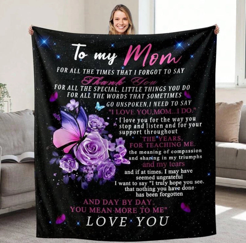Black flannel blanket with roses and butterflies, 'To my Mom' quote