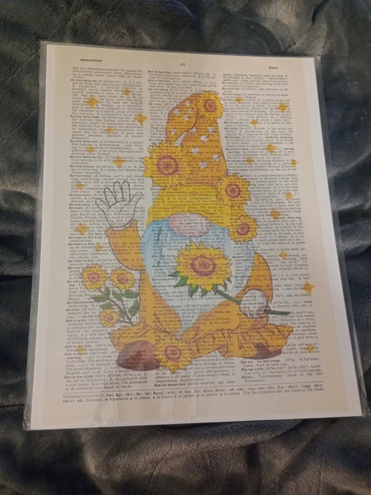 Sunflower gnome on vintage dictionary page art print with yellow flowers and sunburst details