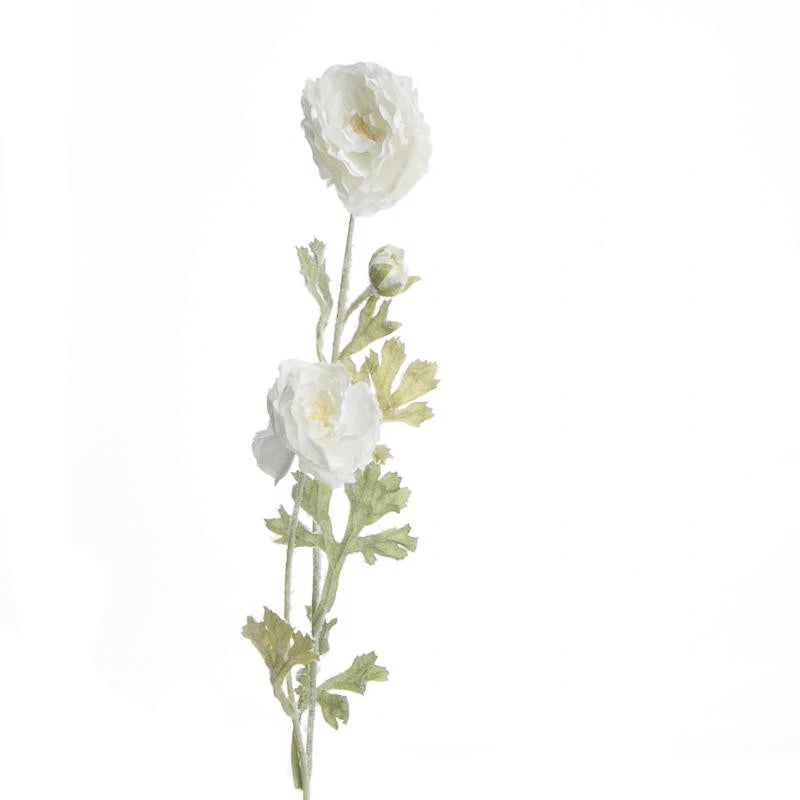 Artificial frosted white peony floral stem with two blooms and green leaves