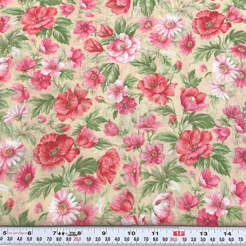 Vintage Pink Florals on Beige Unbranded Cotton Blend Fabric by the HALF YARD Flowering Plants