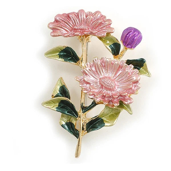 Pink/ Green Enamel Floral/ Daisy Flower Brooch in Gold Tone - 50mm Tall Daisies