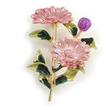 Pink/ Green Enamel Floral/ Daisy Flower Brooch in Gold Tone - 50mm Tall Daisies
