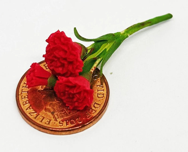 1:12 scale miniature red carnations bunch with green stems on round base