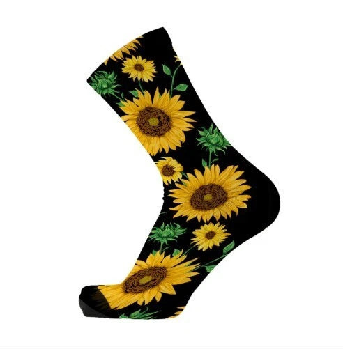 Black bamboo socks with yellow sunflower print and green leaves