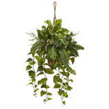 Nearly Natural Mixed Pothos And Boston Fern Hanging Basket Realistic Decor 46" Green Plant