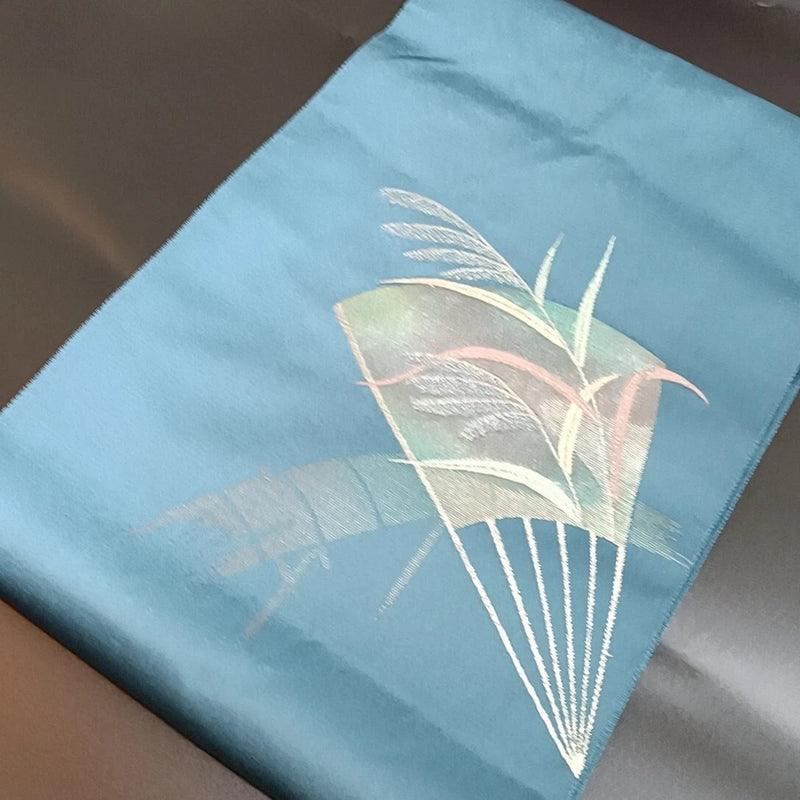 Obi Kimono Usagitei U25 Nagoya drum pattern fan pampas grass blue Pampas Grass