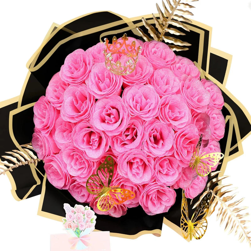 Pink glitter artificial rose bouquet with butterflies and black-gold gift wrap