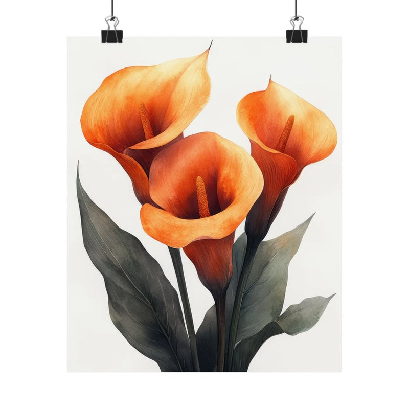 Orange calla lilies flower art print poster with dark green leaves