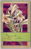 Easter Greetings, 1911 White Lilies With Silver Foil Embossing Vintage Postcard Lily