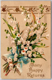 Many Happy Returns, 1907 Lily Of The Valley Bouquet with Blue Ribbon, Postcard Lily