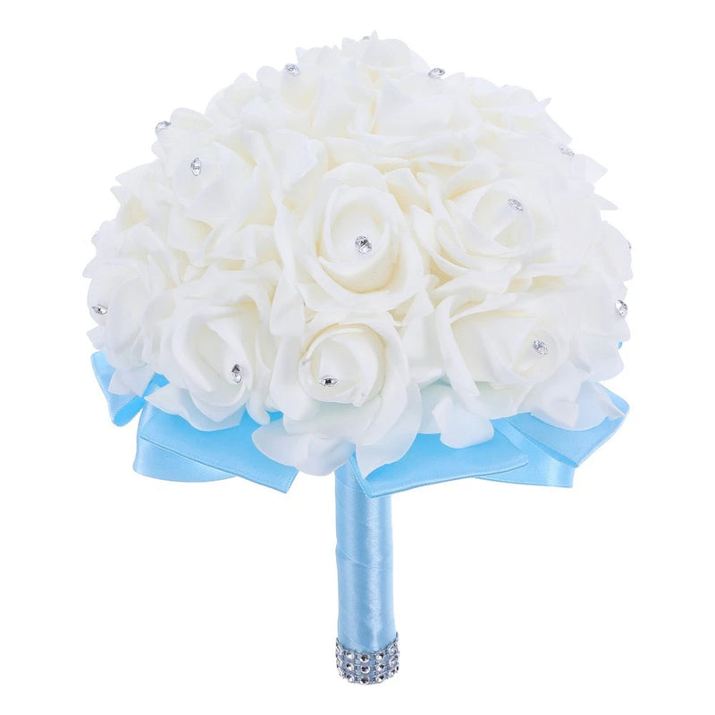 Simulated rose wedding bouquet with white flowers, light-blue ribbon wrap, jeweled accents