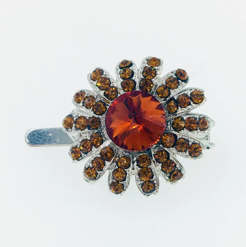 Rhinestone sunflower hair clip barrette with amber crystal center and silver gem petals