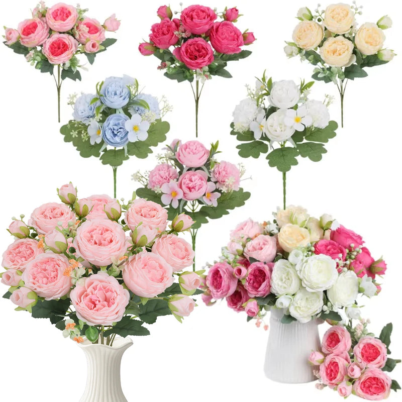 Artificial peony silk flower bouquet set with pink, white, and cream blooms and leaves