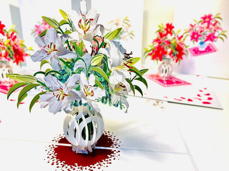 Origami Pop Cards LOVE Lilies Flower Bouquet Pop Up Greeting Card Happy Birthday Lily