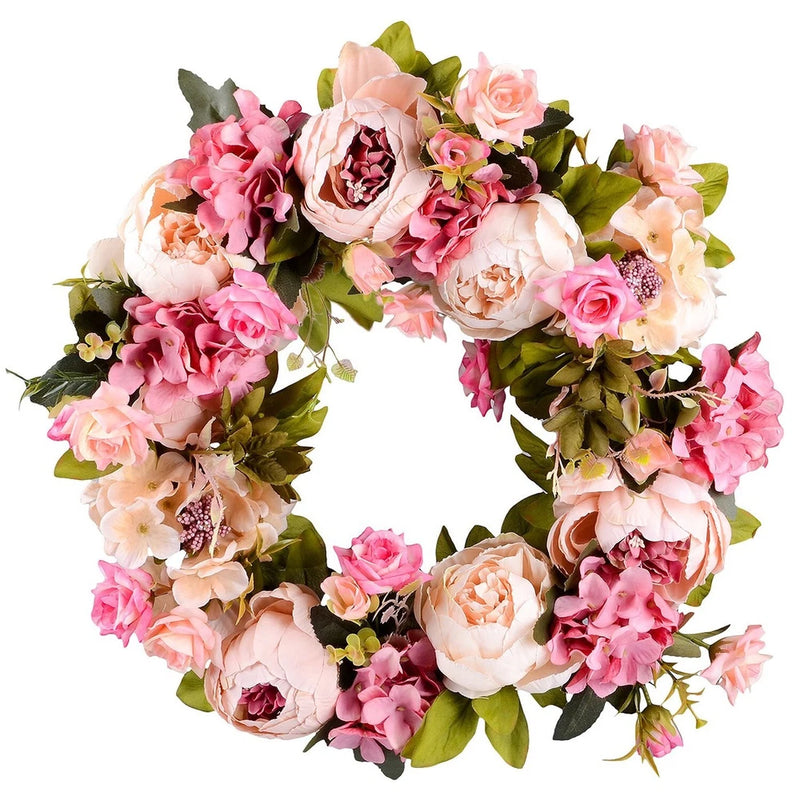 Lvydec Artificial Peony Flower Wreath - 15" Pink Flower Door Wreath with Gree... Peony