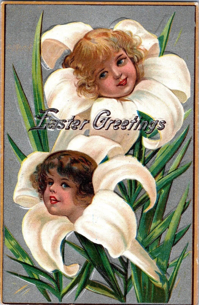 Vintage Easter Postcard Flowerface White Lily Flower Girl Silv Background Emboss Lily