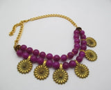 Vintage Magenta Glass 12.25mm Round Brass Sunflower Micro Bead Layer Necklace Sunflower