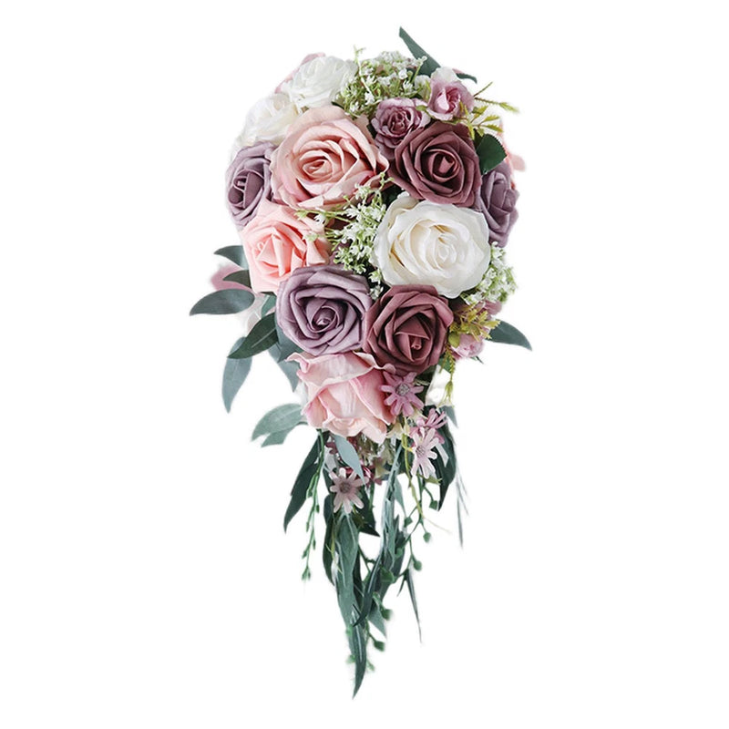 Handheld cascading bridal bouquet with artificial roses in blush, lavender, and cream