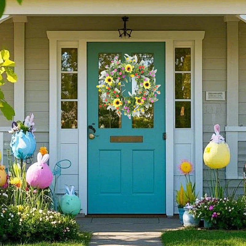 Sunflower and floral wreath hanging on a front door, decorative hanging ornament