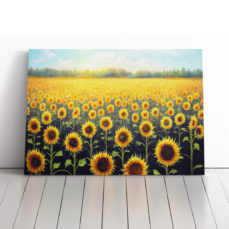 Sunflower field canvas wall art print with rows of bright yellow blooms