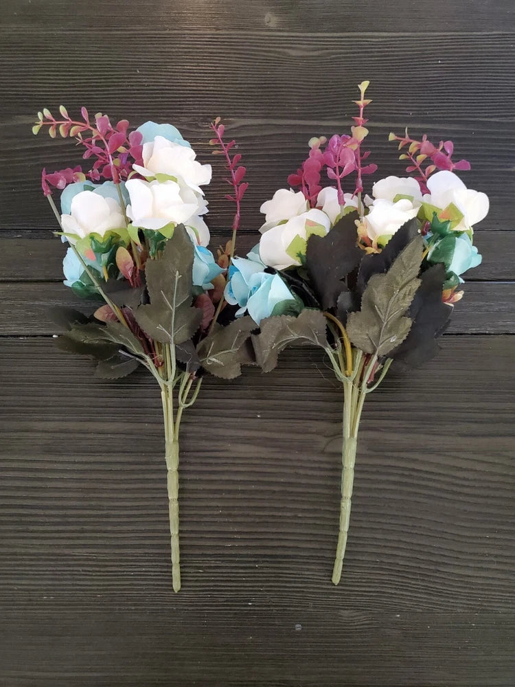 Silk peony bouquet set with white and pink flowers and green leaves