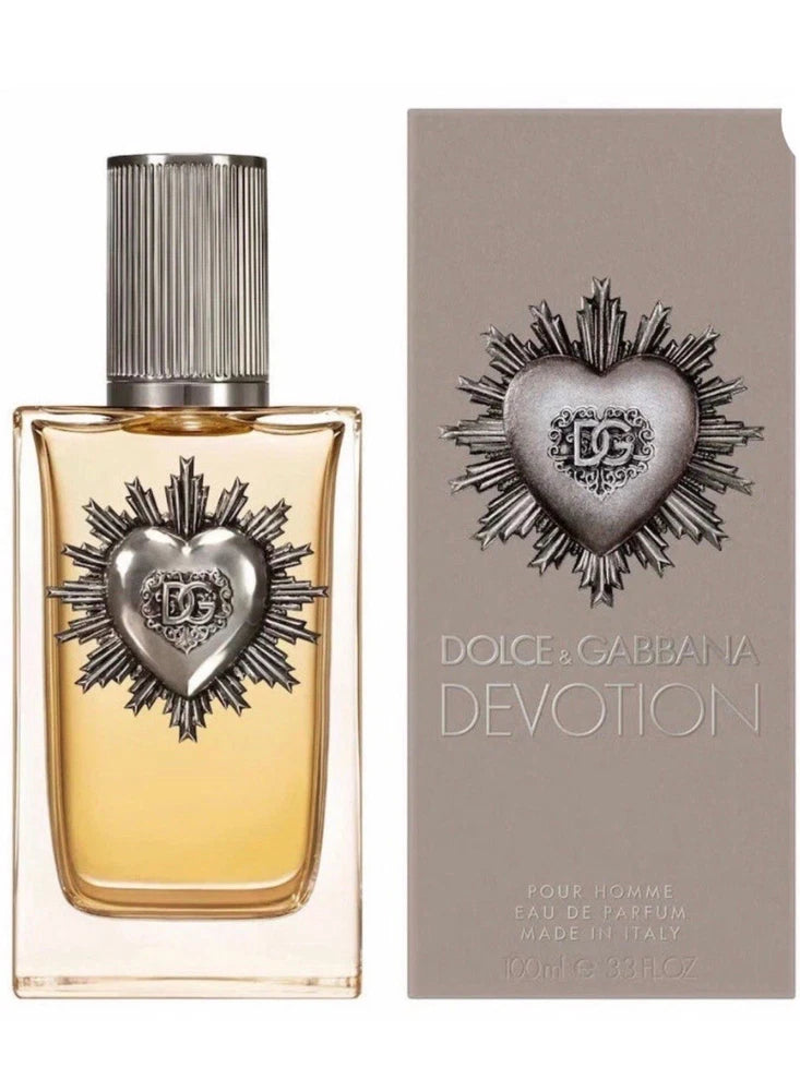 Dolce&Gabbana Devotion eau de parfum spray bottle, amber liquid, heart emblem cap