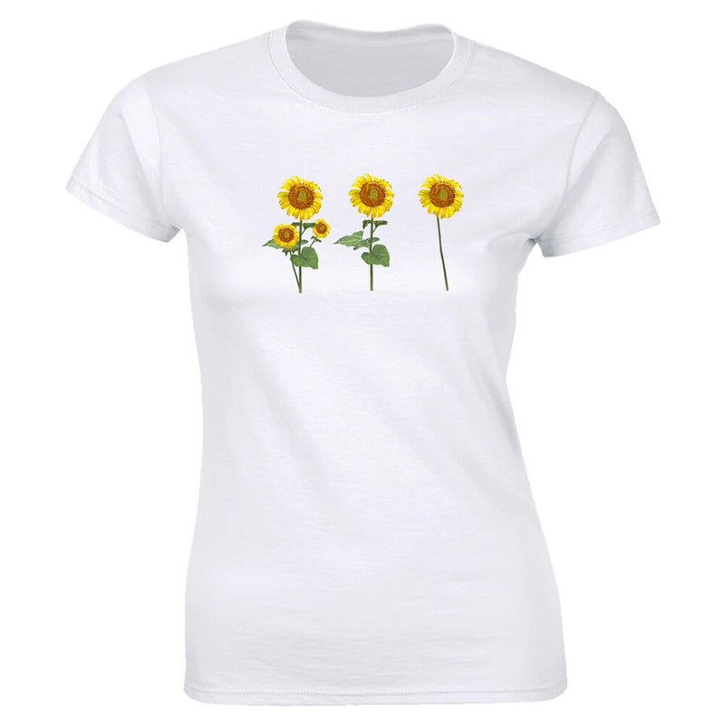 Women's white crew-neck T-shirt with three sunflower flower prints on front