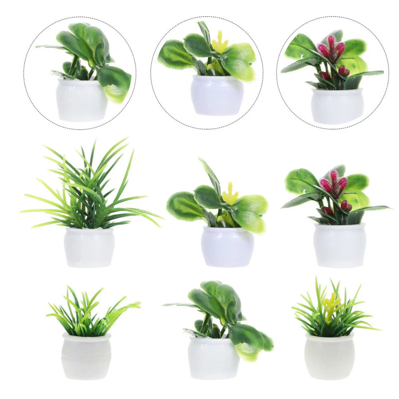 6PCS Artificial Green Plants Plastic Model Bonsai Decor Miniature Flower Pots Green Plant