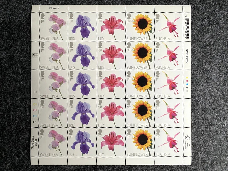 (2023) Full Sheet UK GB Stamps MNH Flowers SWEET PEA IRIS LILY SUNFLOWER FUCHSIA Lily