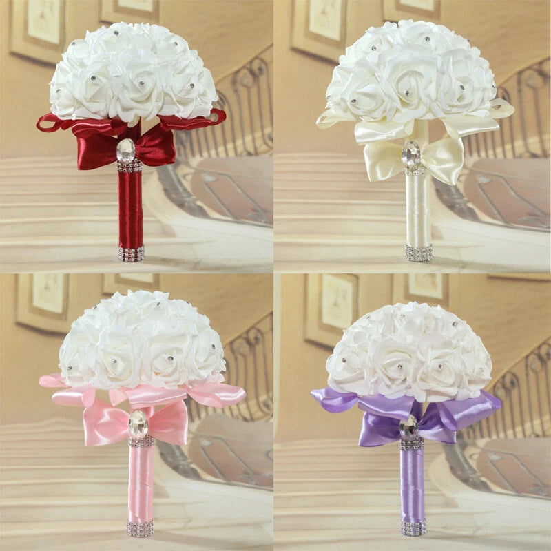 Bouquet White Bridal FlowersWedding Artificial Bride Ribbon  Holding Rhinestones Bouquet
