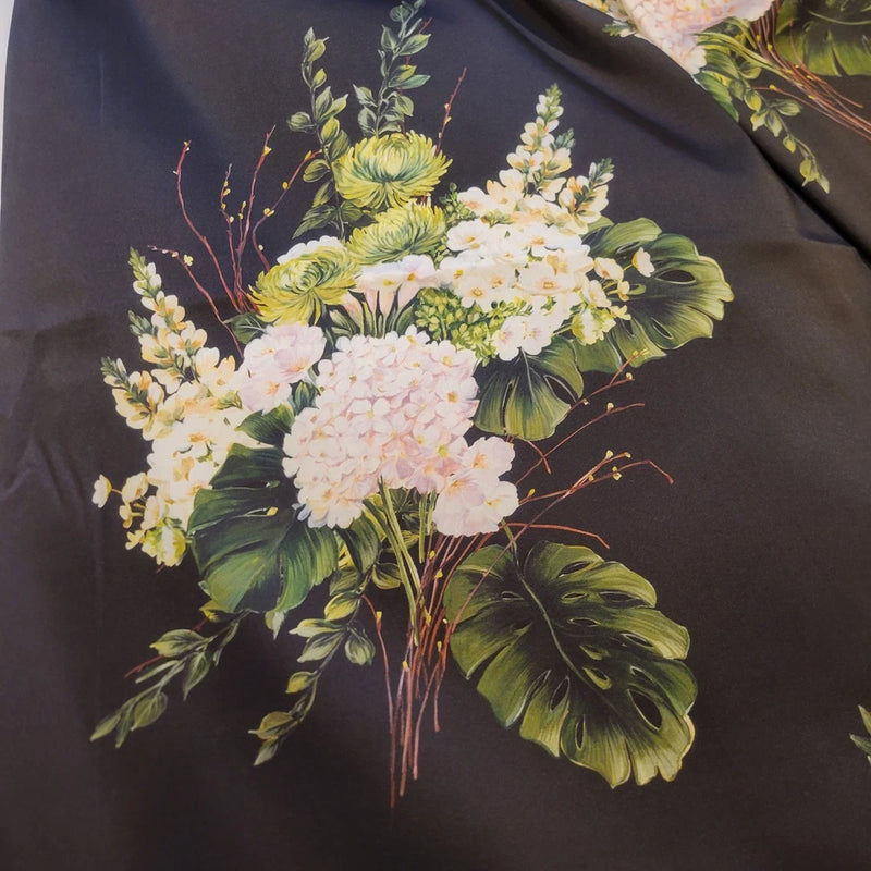 Monique Lhuillier! Black Silky Twill w/ Large-Scale Floral in Green/Pink - WOW! Flowering Plants