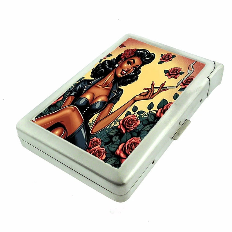 Metal cigarette case with built-in lighter, pin-up woman and red roses artwork