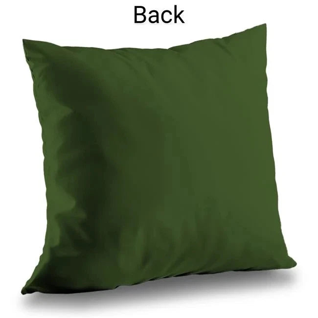 Dark green throw pillow back with smooth fabric and subtle wrinkles