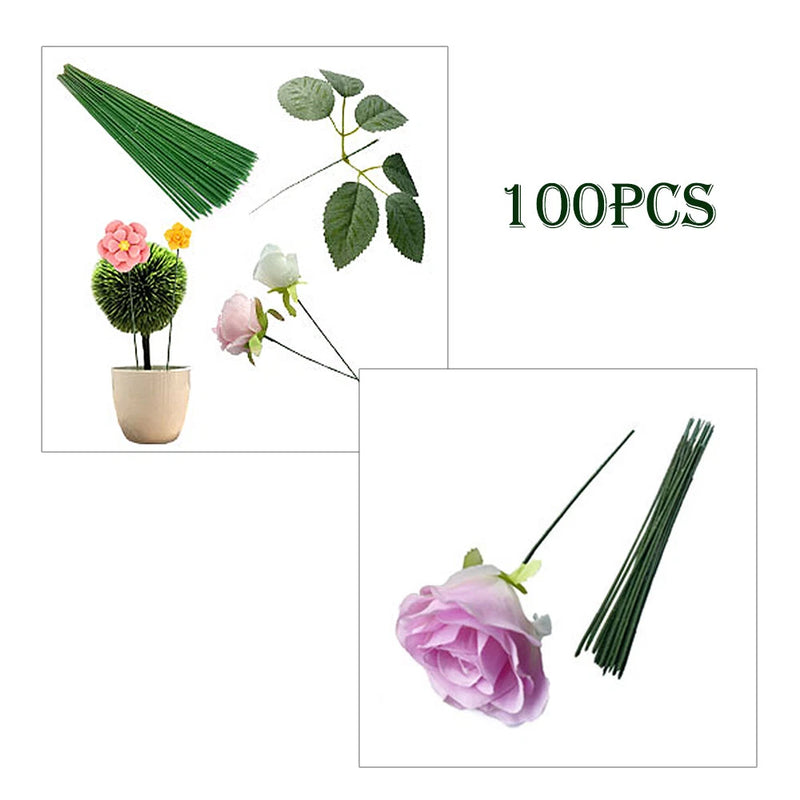 Artificial plastic floral stems, green rods with pink and white flower heads and leaves