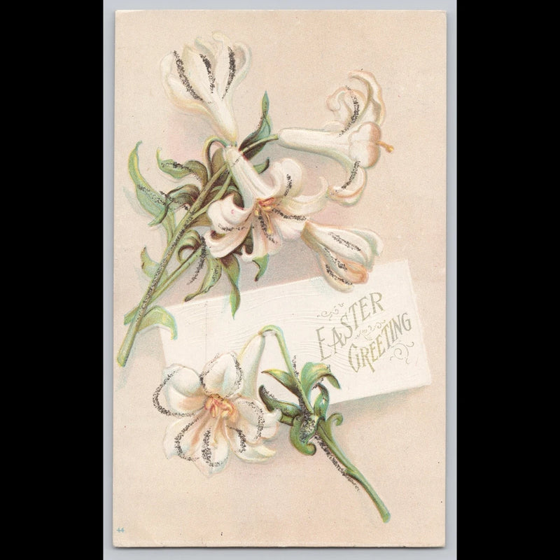 Easter postcard greeting with embossed white lilies and green leaves on cream background