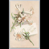Easter postcard greeting with embossed white lilies and green leaves on cream background