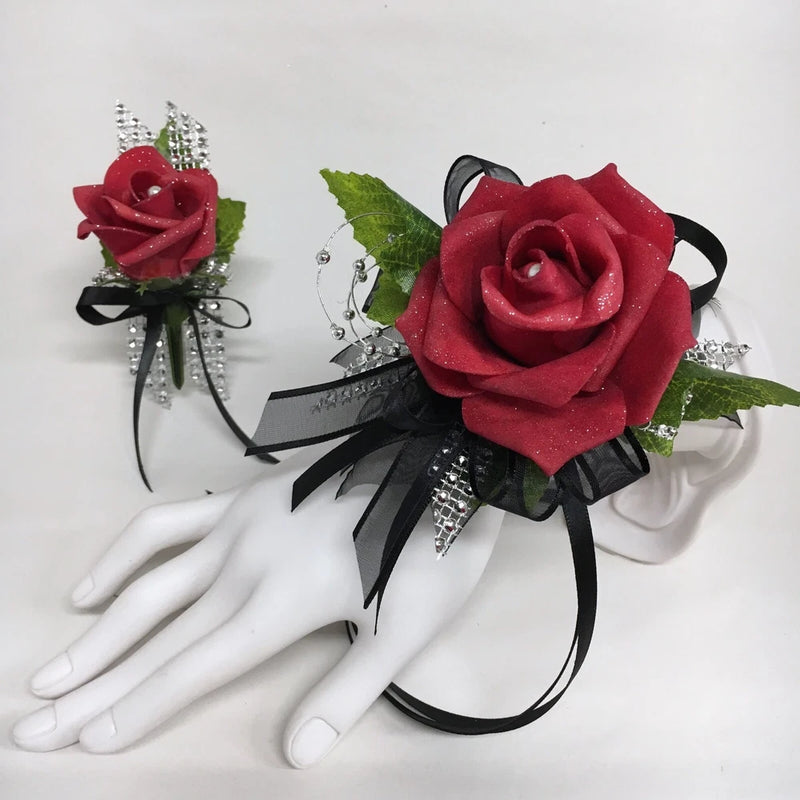 Glamour Single Red Rose on Black- Silver Trim Wrist Corsage & Boutonniere Combo Roses